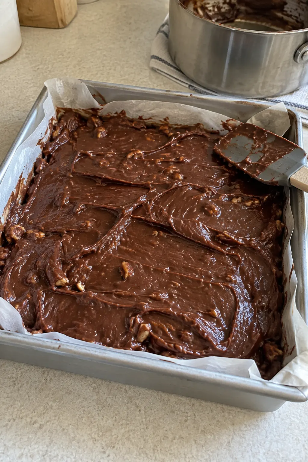 Warm chocolate pecan fudge spread in a parchment-lined pan with natural spatula ridges