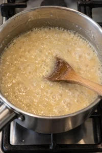 Evaporated milk sugar mixture bubbling steadily in a saucepan during the timed boil