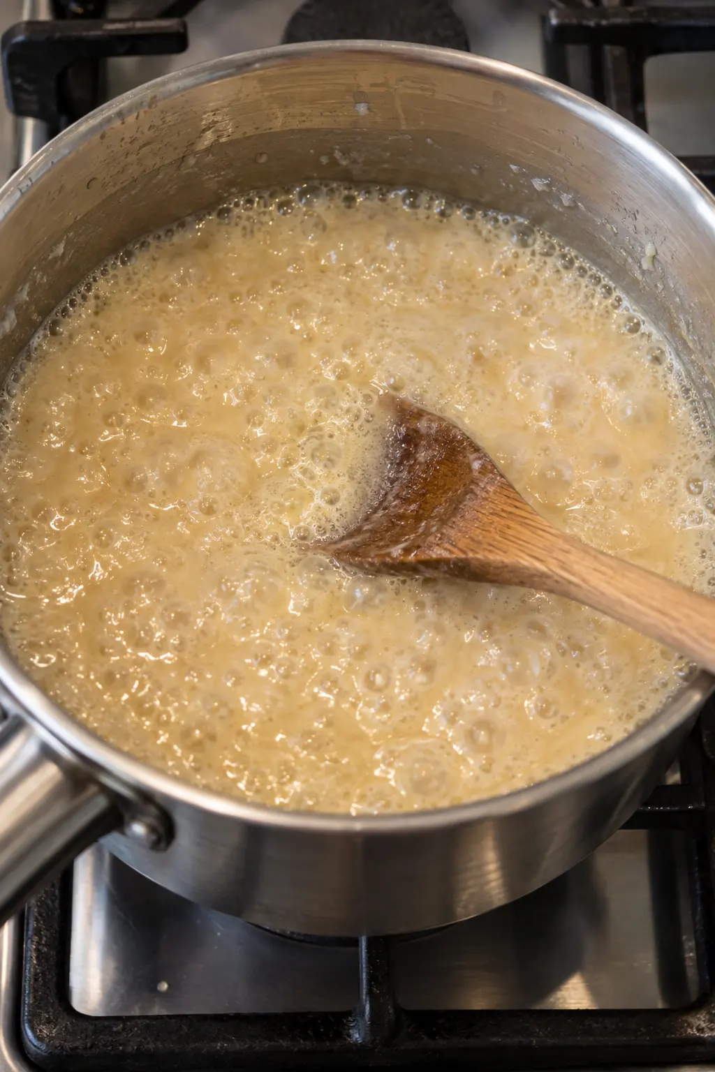 Evaporated milk sugar mixture bubbling steadily in a saucepan during the timed boil