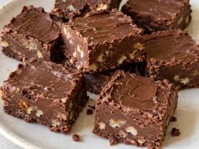 Unevenly cut chocolate pecan fudge squares with small crumbs on a plain plate