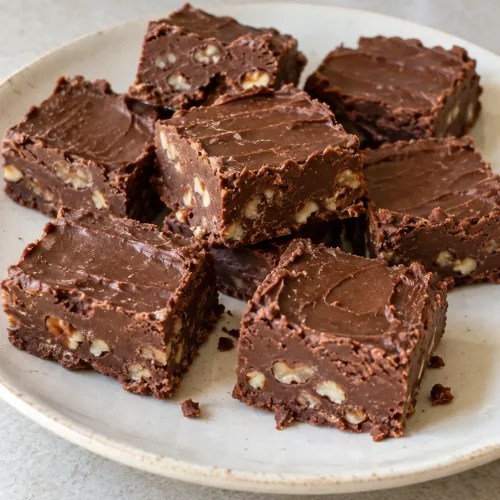 Unevenly cut chocolate pecan fudge squares with small crumbs on a plain plate
