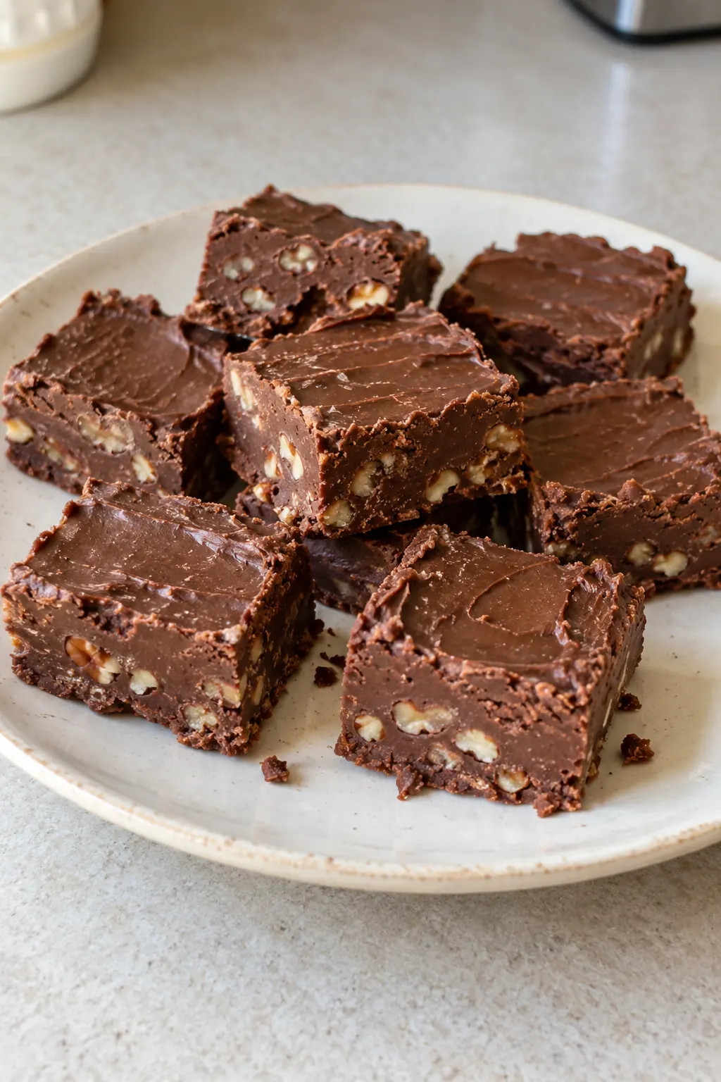 Unevenly cut chocolate pecan fudge squares with small crumbs on a plain plate
