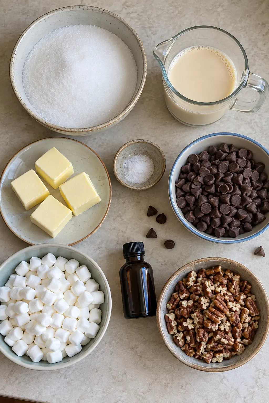 Sugar, evaporated milk, butter, salt, semisweet chips, mini marshmallows, vanilla, and chopped pecans