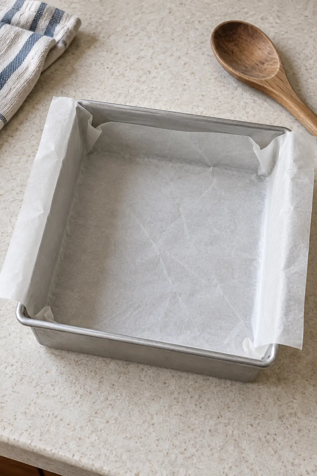 An empty square baking pan lined with creased parchment before the fudge is added