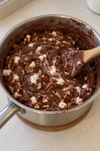 Mini marshmallows and chopped pecans being folded into chocolate fudge off the heat
