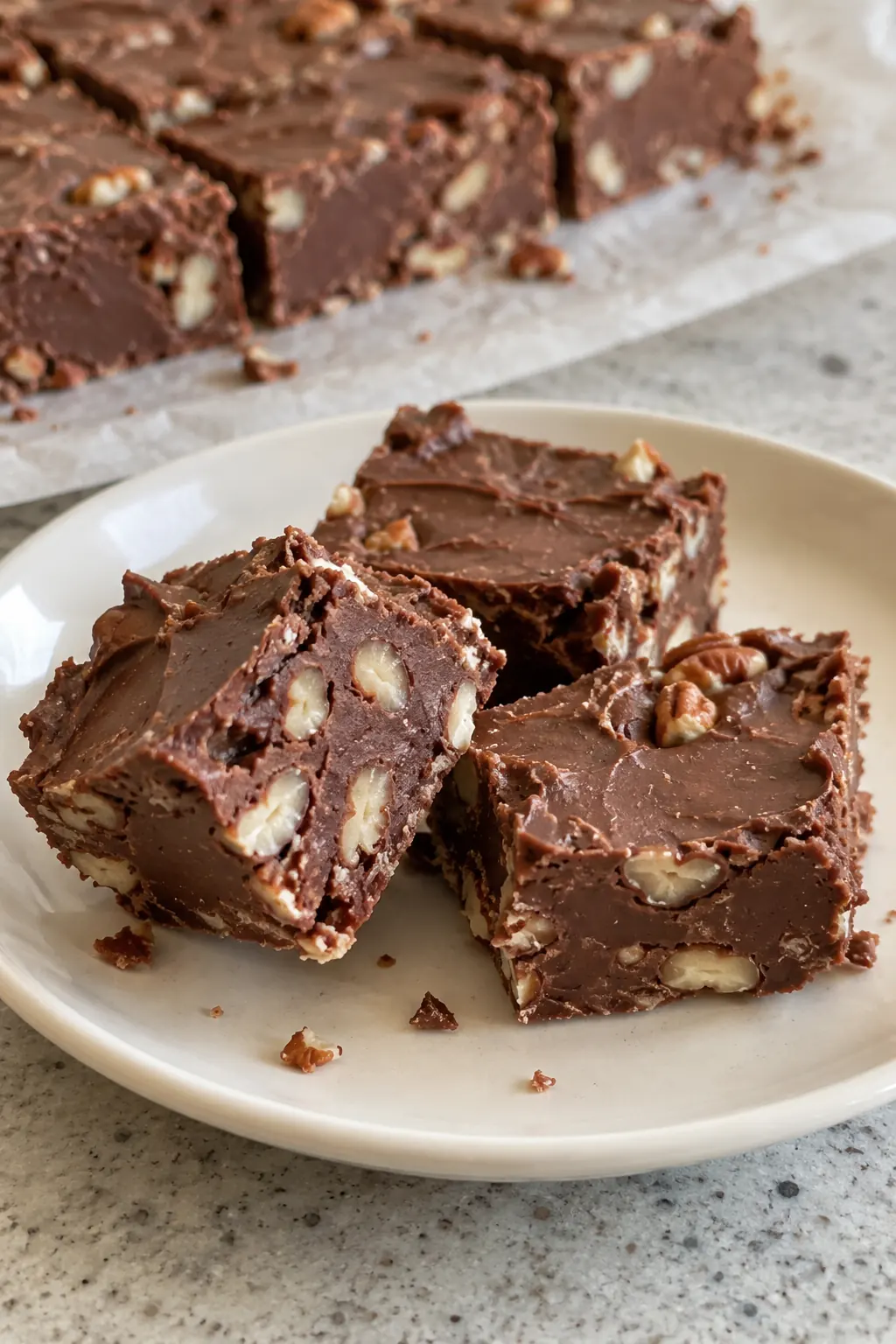 Close view of chocolate fudge squares showing chopped pecans inside the creamy candy