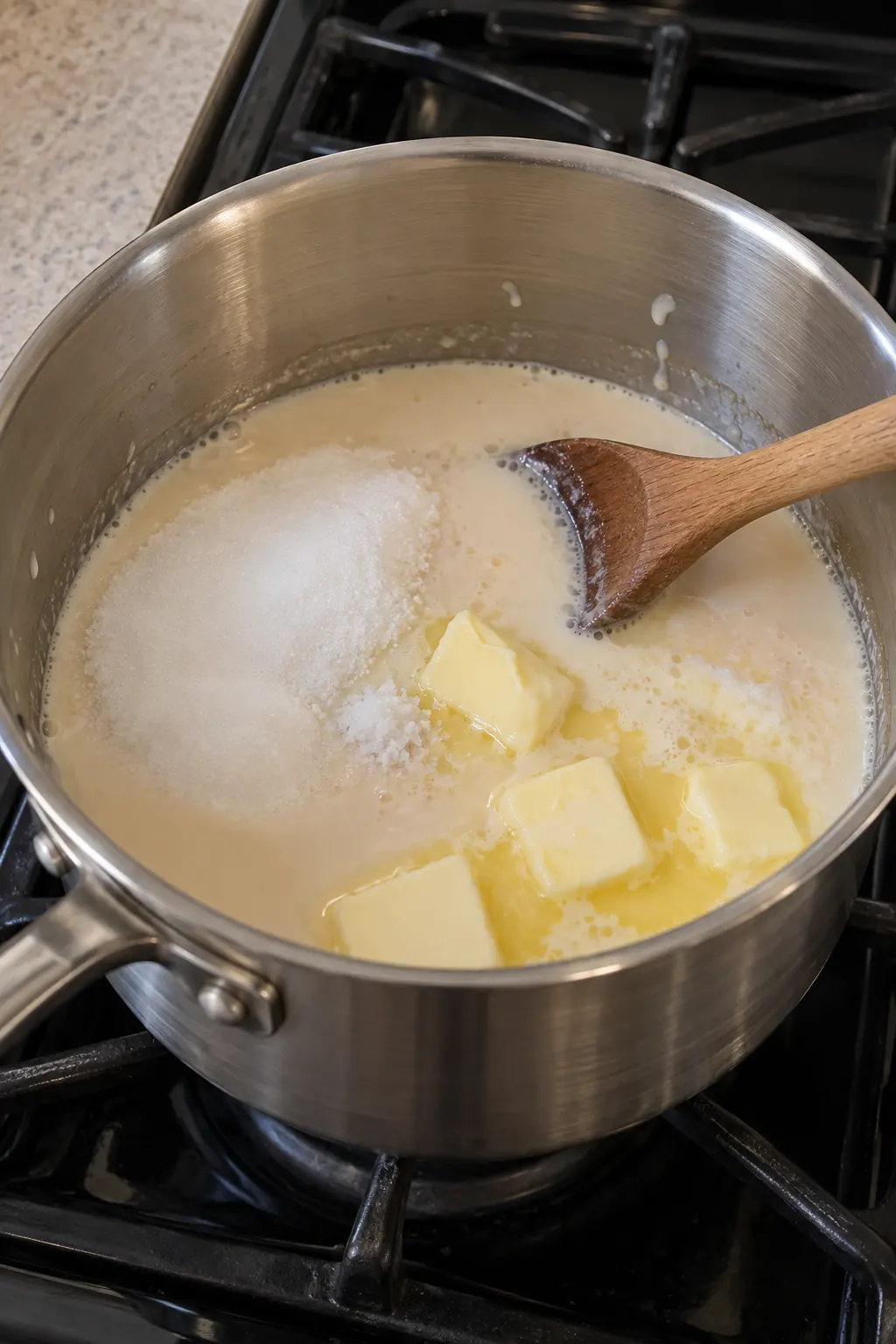 Sugar, evaporated milk, butter, and salt combined in a saucepan before boiling