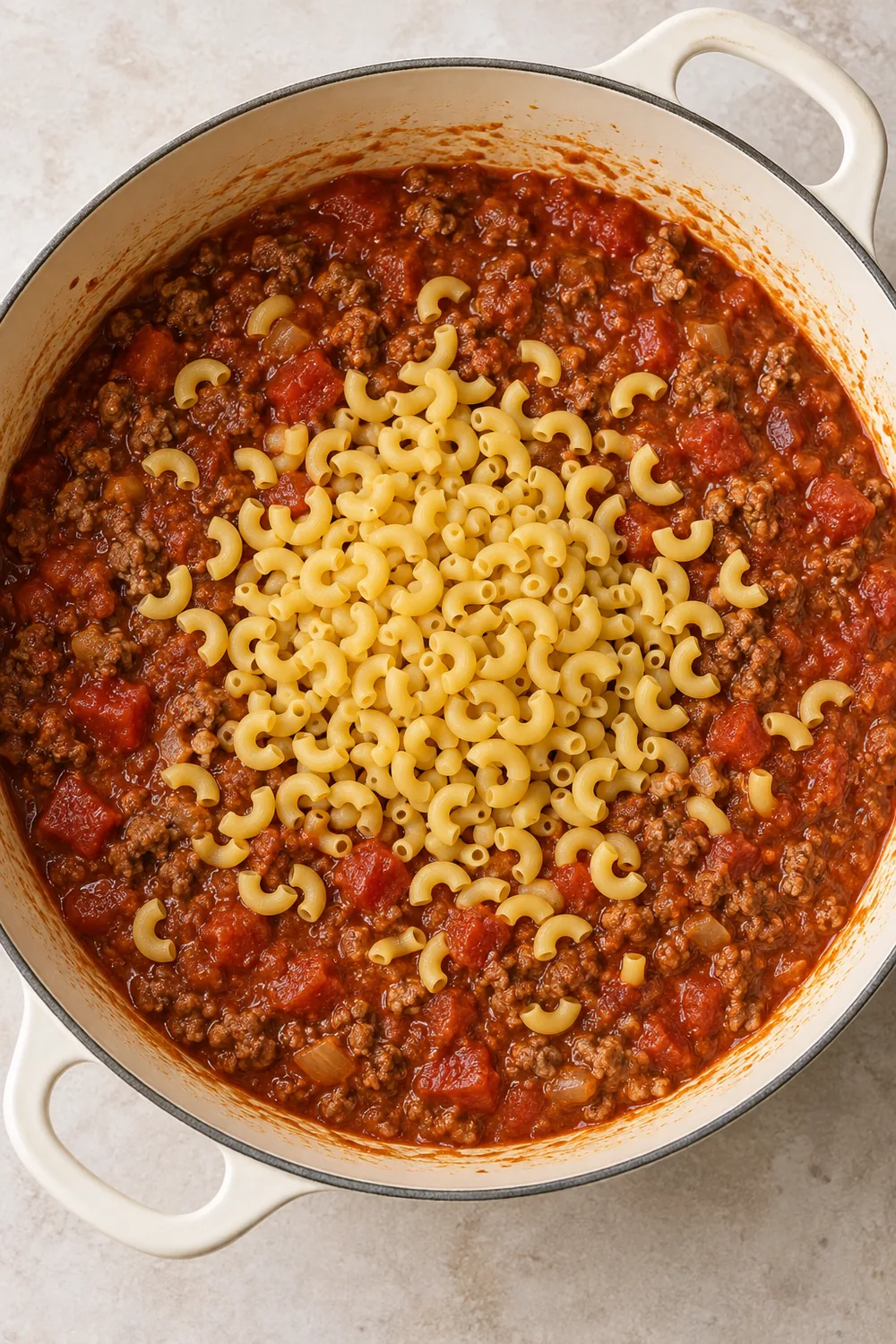 Uncooked elbow macaroni added to the ground beef and tomato sauce