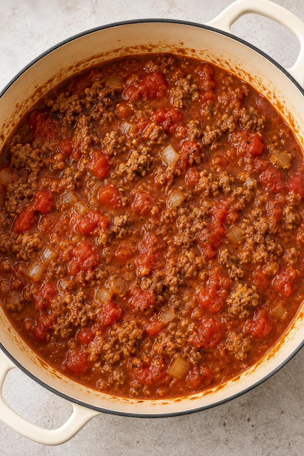 Ground beef and diced tomatoes in tomato sauce before adding the macaroni
