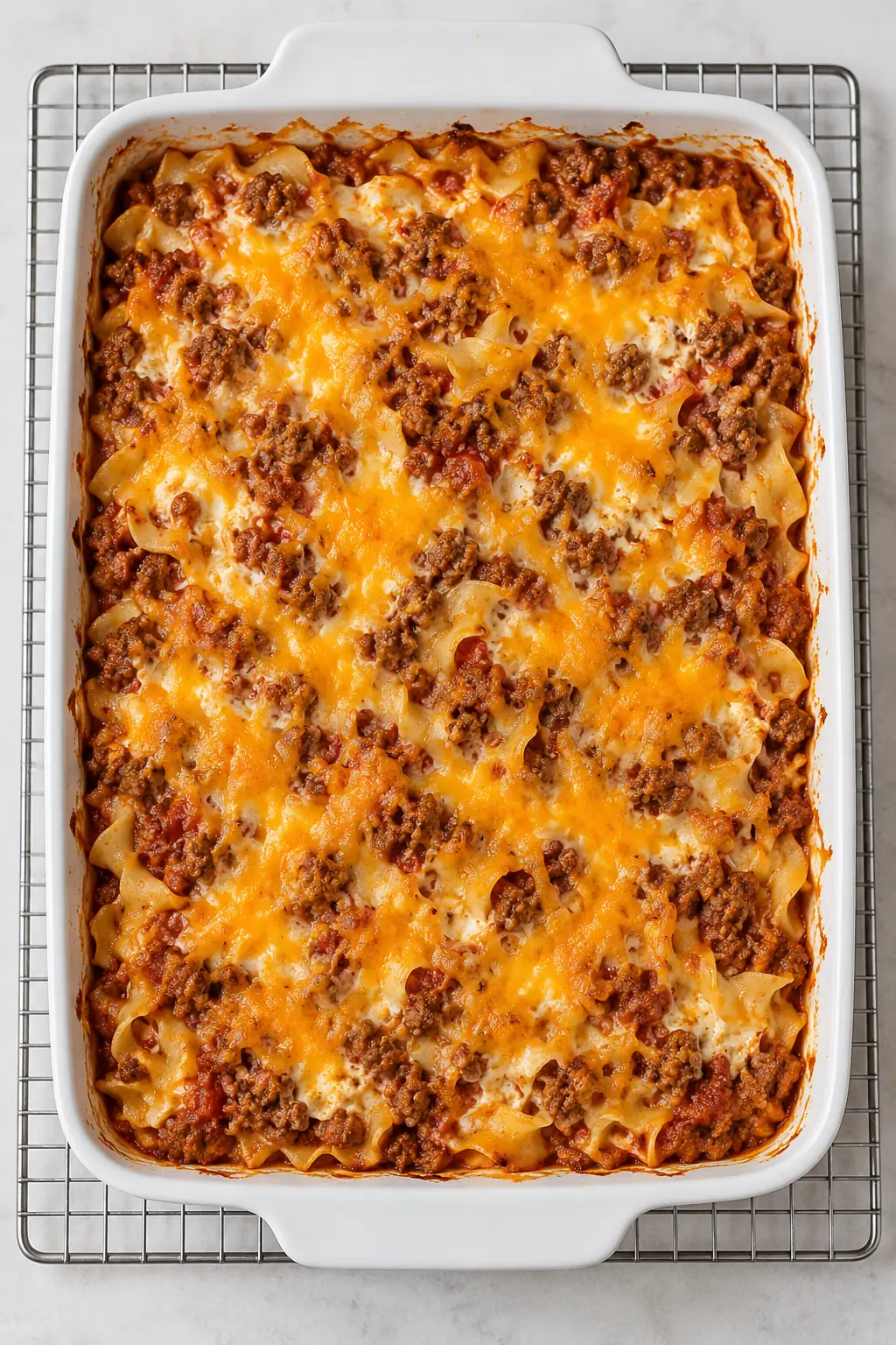 Baked ground beef and egg noodle casserole with melted Cheddar on a cooling rack