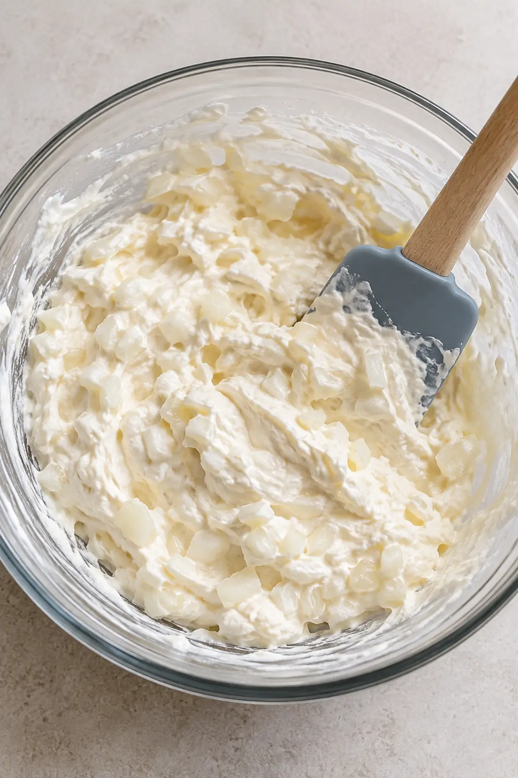 Sour cream, softened cream cheese, and diced white onion mixed in a glass bowl