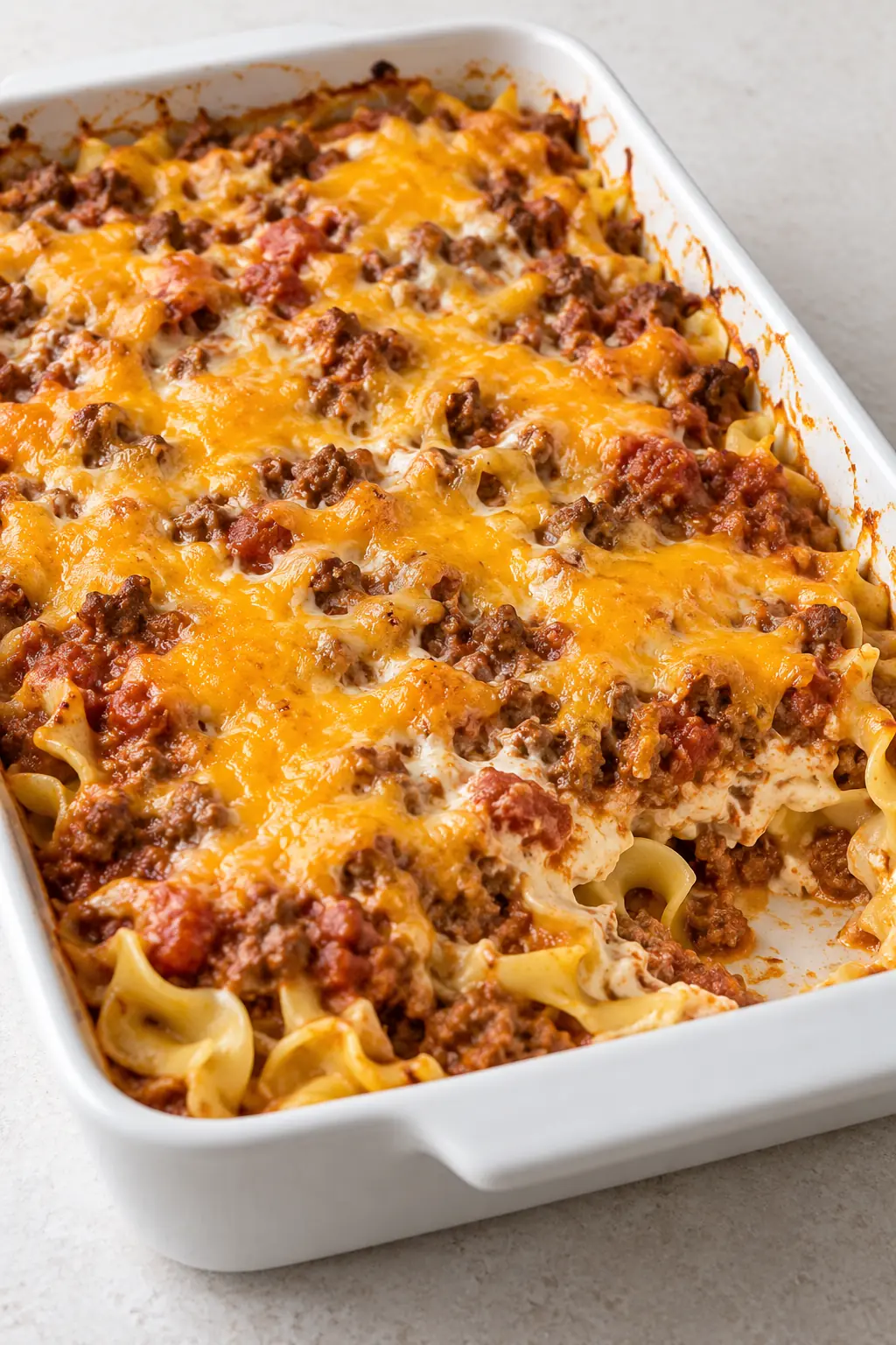 Ground Beef Casserole with egg noodles, tomato beef sauce, and melted Cheddar in a white baking dish