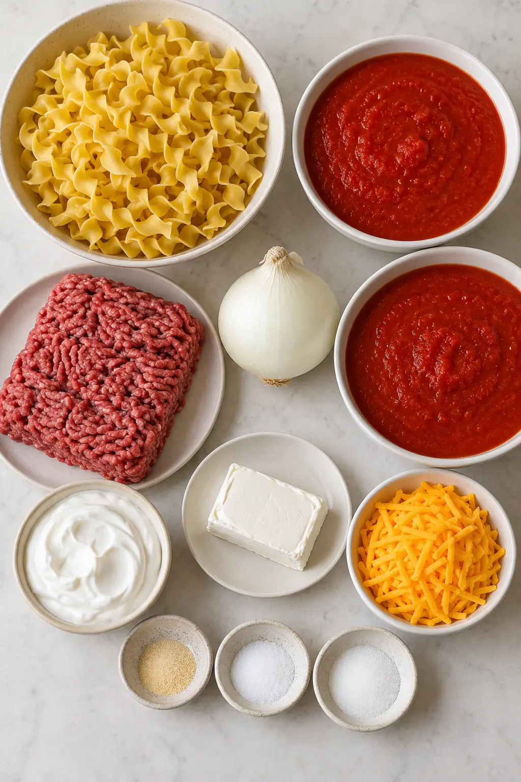 Egg noodles, ground beef, tomato sauce, onion, sour cream, cream cheese, Cheddar, garlic salt, salt, and sugar
