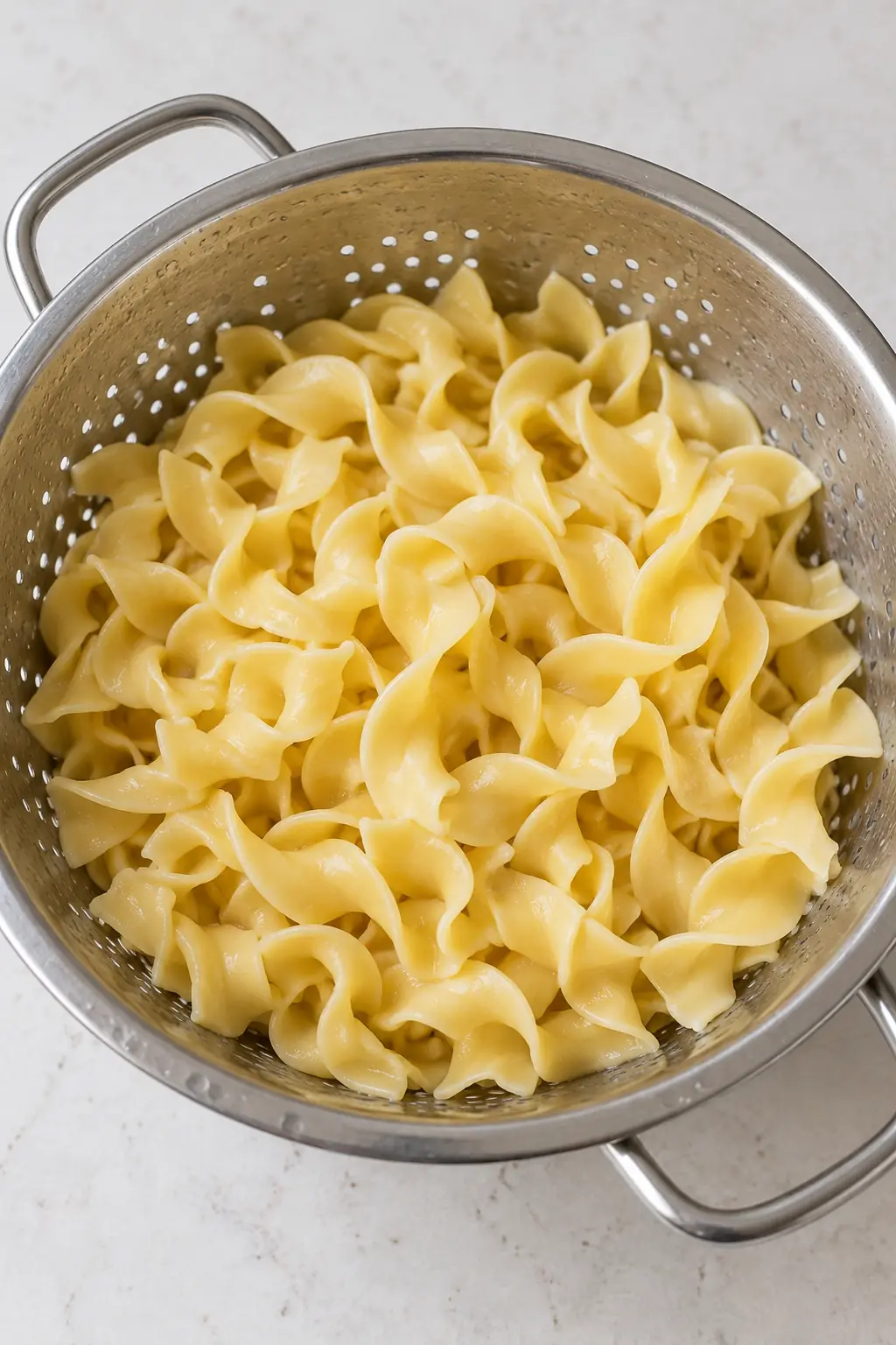 Cooked wide egg noodles draining in a stainless steel colander