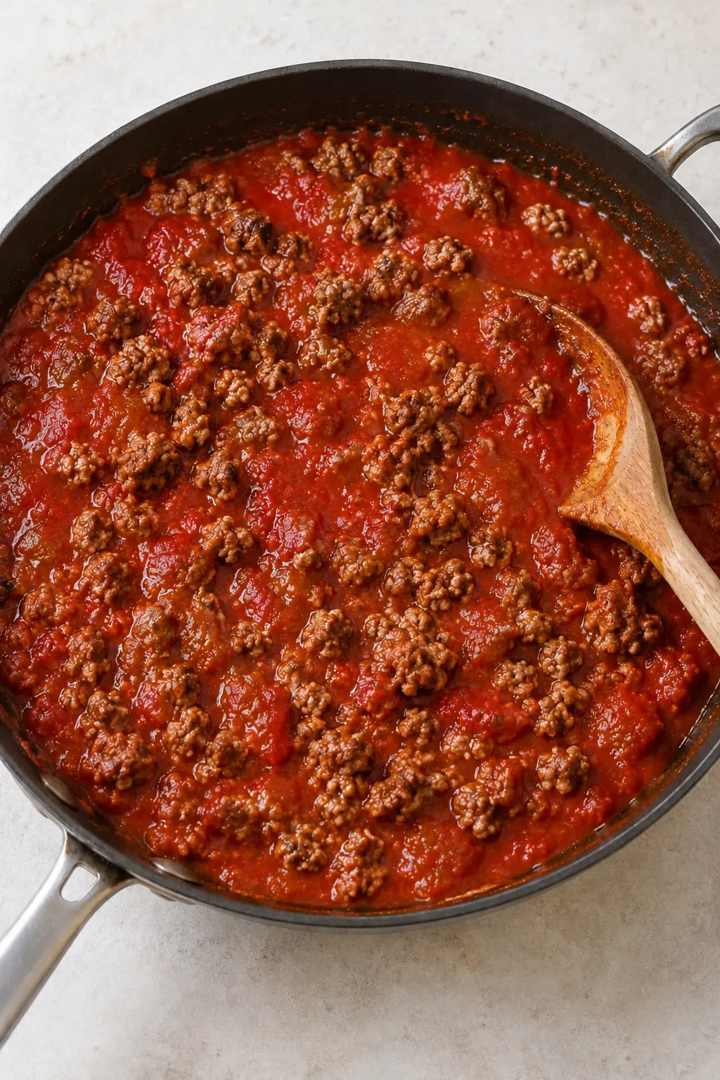 Ground beef simmering in red tomato sauce in a skillet with a wooden spoon