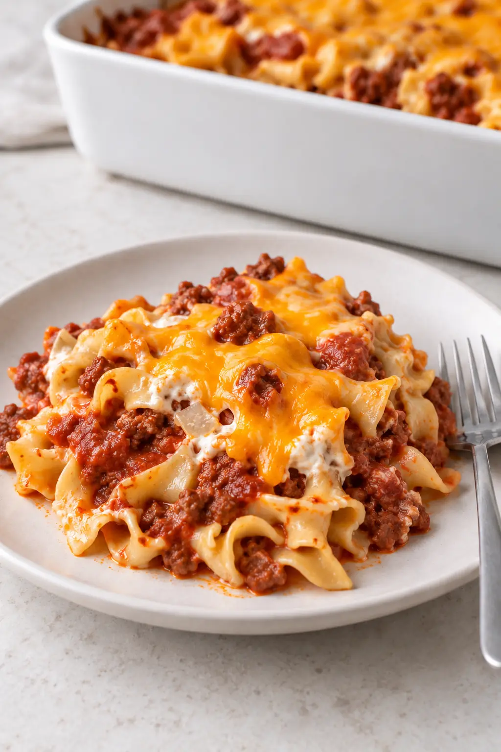 A serving of egg noodles, creamy filling, tomato beef sauce, and melted Cheddar on a plain plate