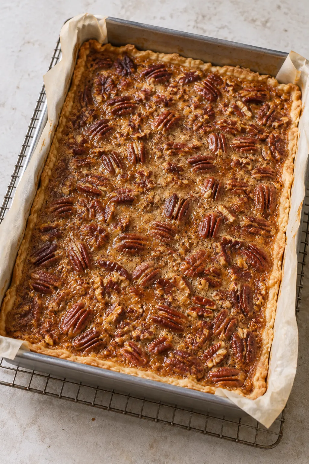 Golden pecan pie bars cooling uncut in a parchment-lined pan on a wire rack