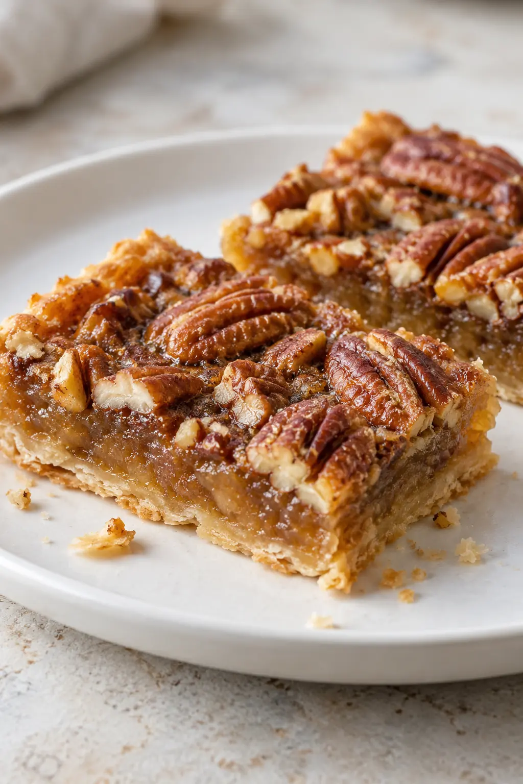 Close view of pecan pie bars showing the amber filling and thin flaky pastry crust