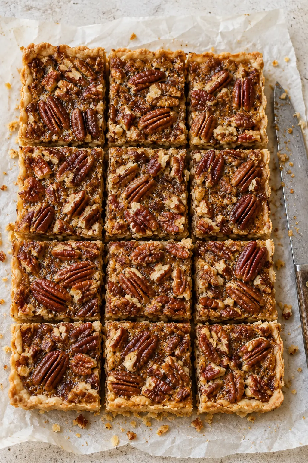 Cooled pecan pie bars cut into twelve pieces on parchment with a knife beside them