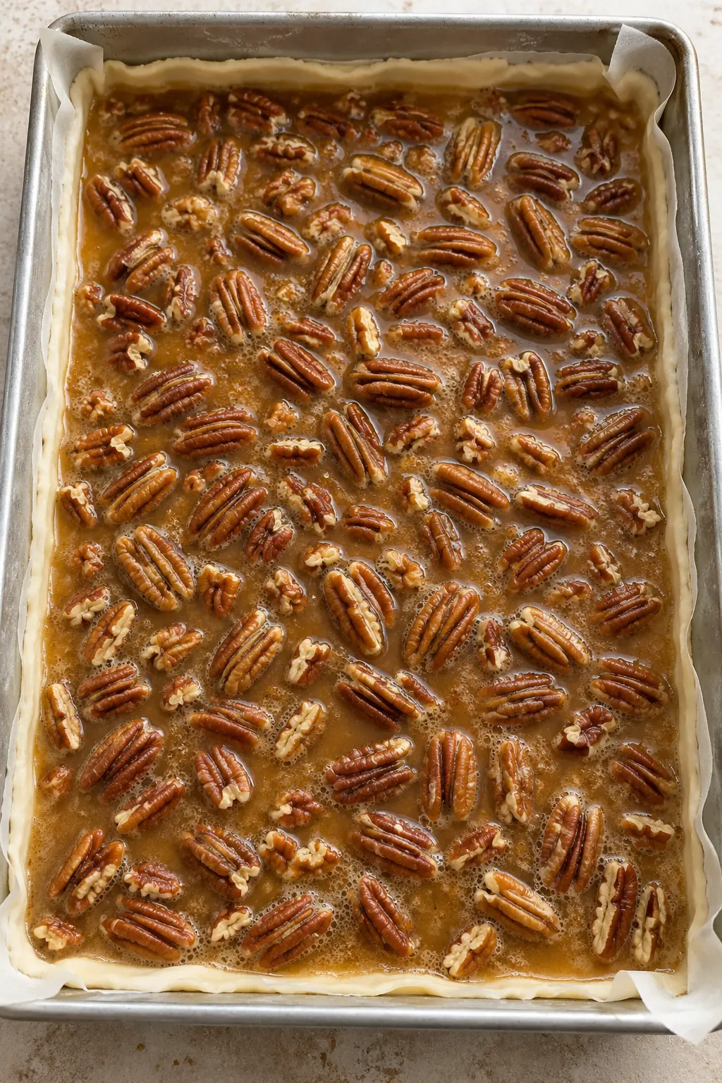 Unbaked pecan filling spread over refrigerated pie crust in a rectangular baking pan