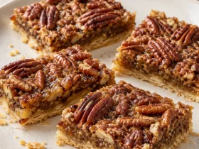 Lazy Girl Pecan Pie Bars with toasted pecans and a flaky pastry base on a plain plate
