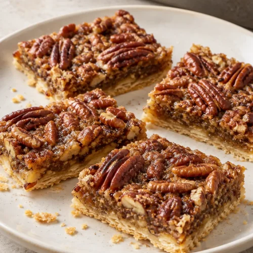 Lazy Girl Pecan Pie Bars with toasted pecans and a flaky pastry base on a plain plate