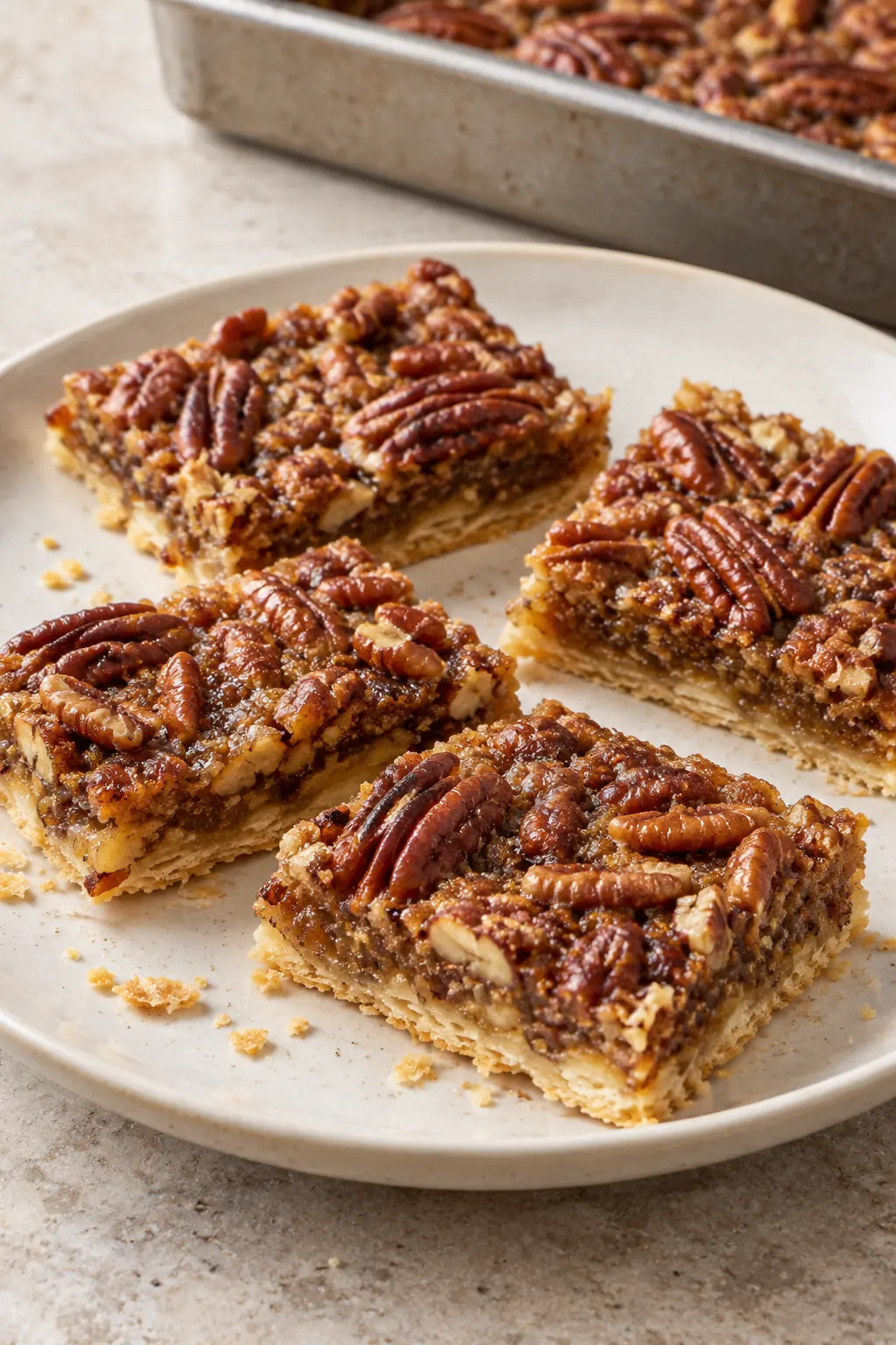 Lazy Girl Pecan Pie Bars with toasted pecans and a flaky pastry base on a plain plate