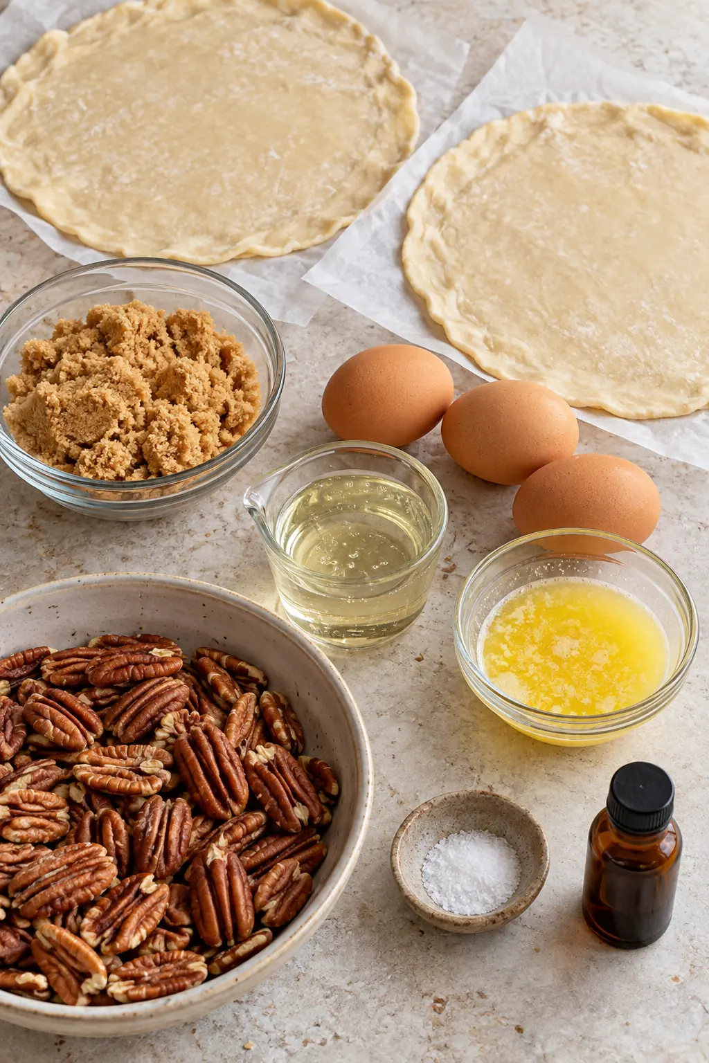 Two pie crusts, three eggs, brown sugar, corn syrup, melted butter, pecans, vanilla, and salt