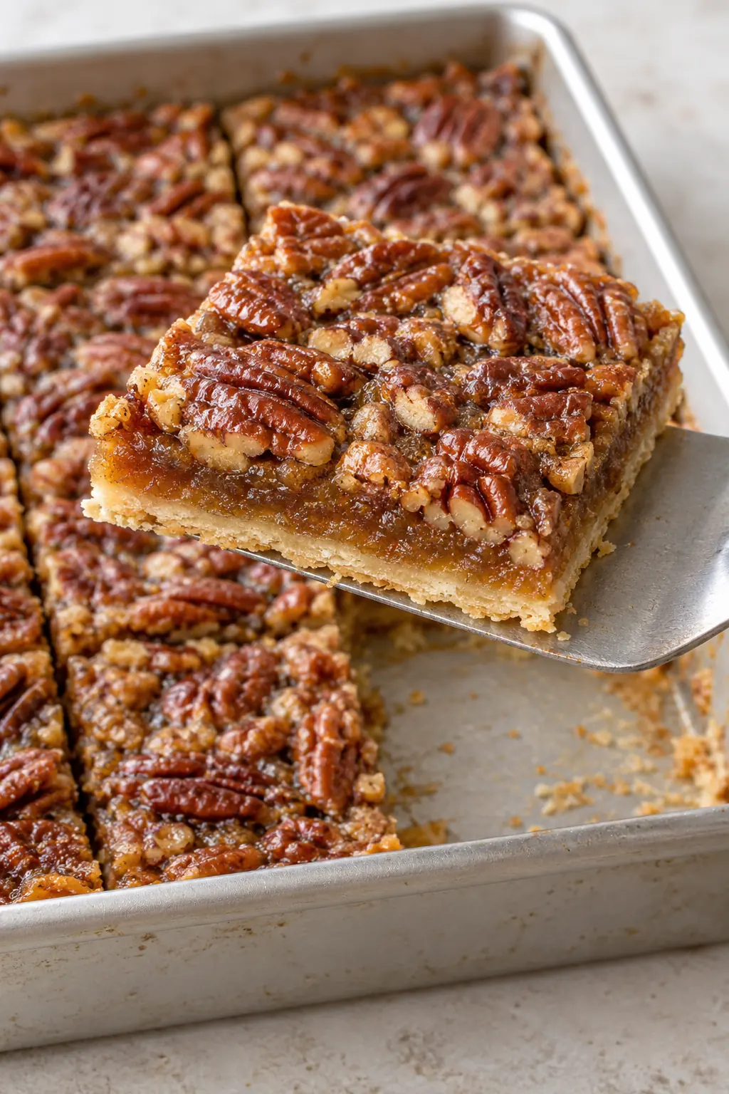A pecan pie bar supported on a metal spatula above the baking pan