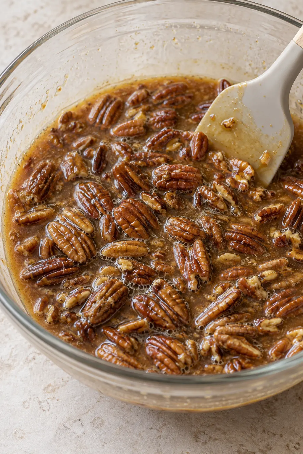 Pecan halves coated in the unbaked brown sugar filling in a glass mixing bowl