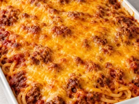 Baked Million Dollar Spaghetti Casserole in a white dish with melted cheddar and beef tomato sauce