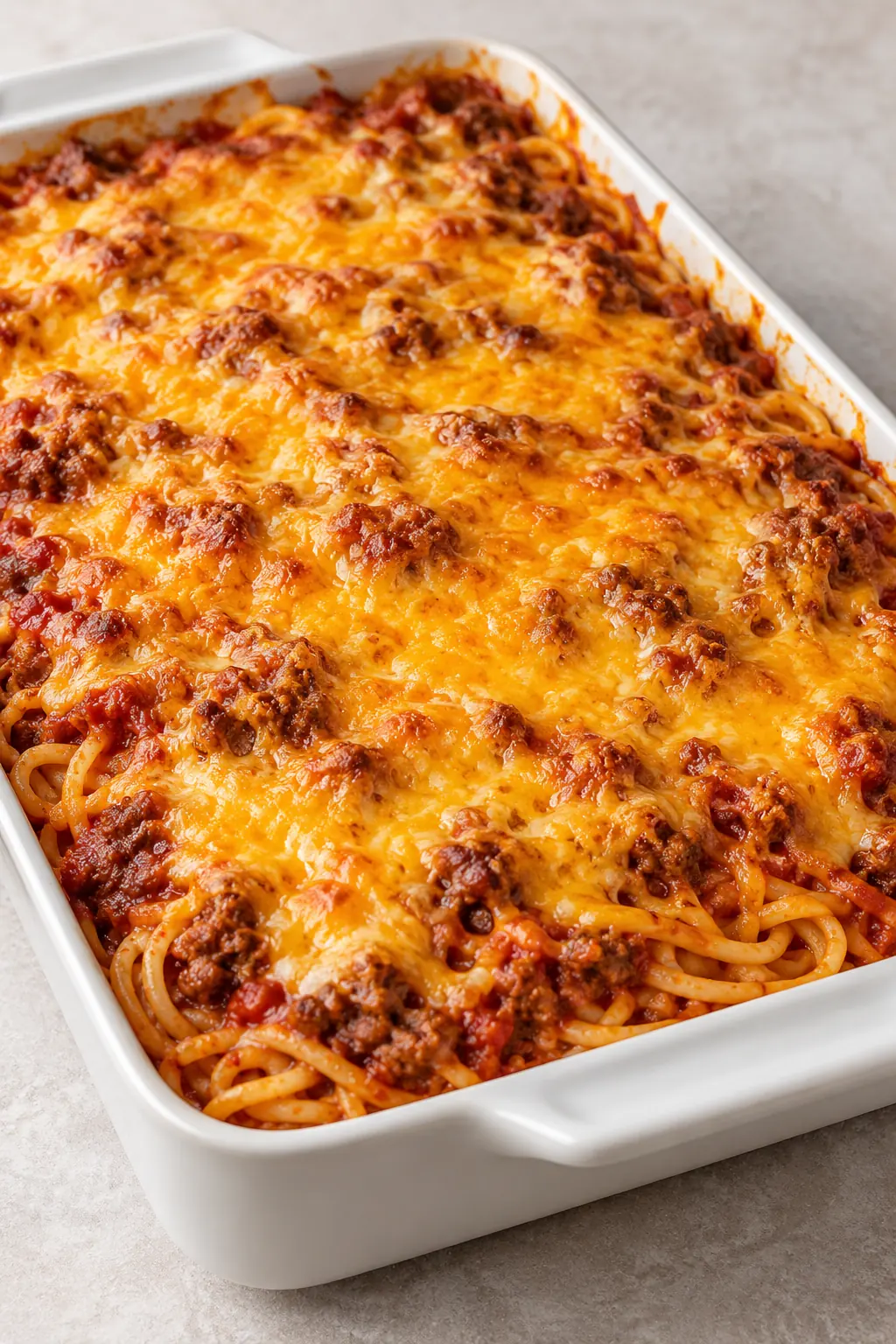 Baked Million Dollar Spaghetti Casserole in a white dish with melted cheddar and beef tomato sauce