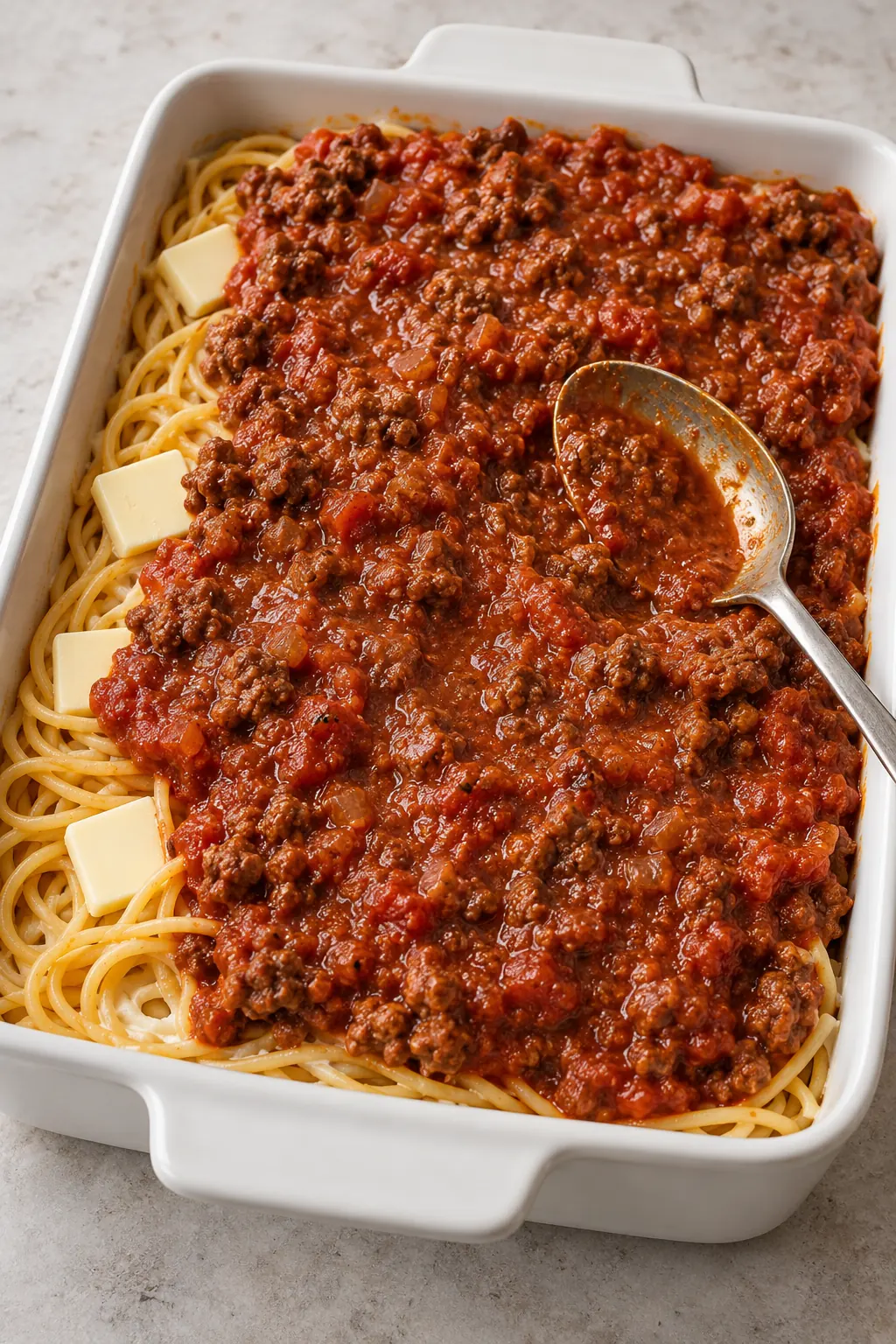 Ground beef spaghetti sauce spread over the upper noodle and butter layer before baking