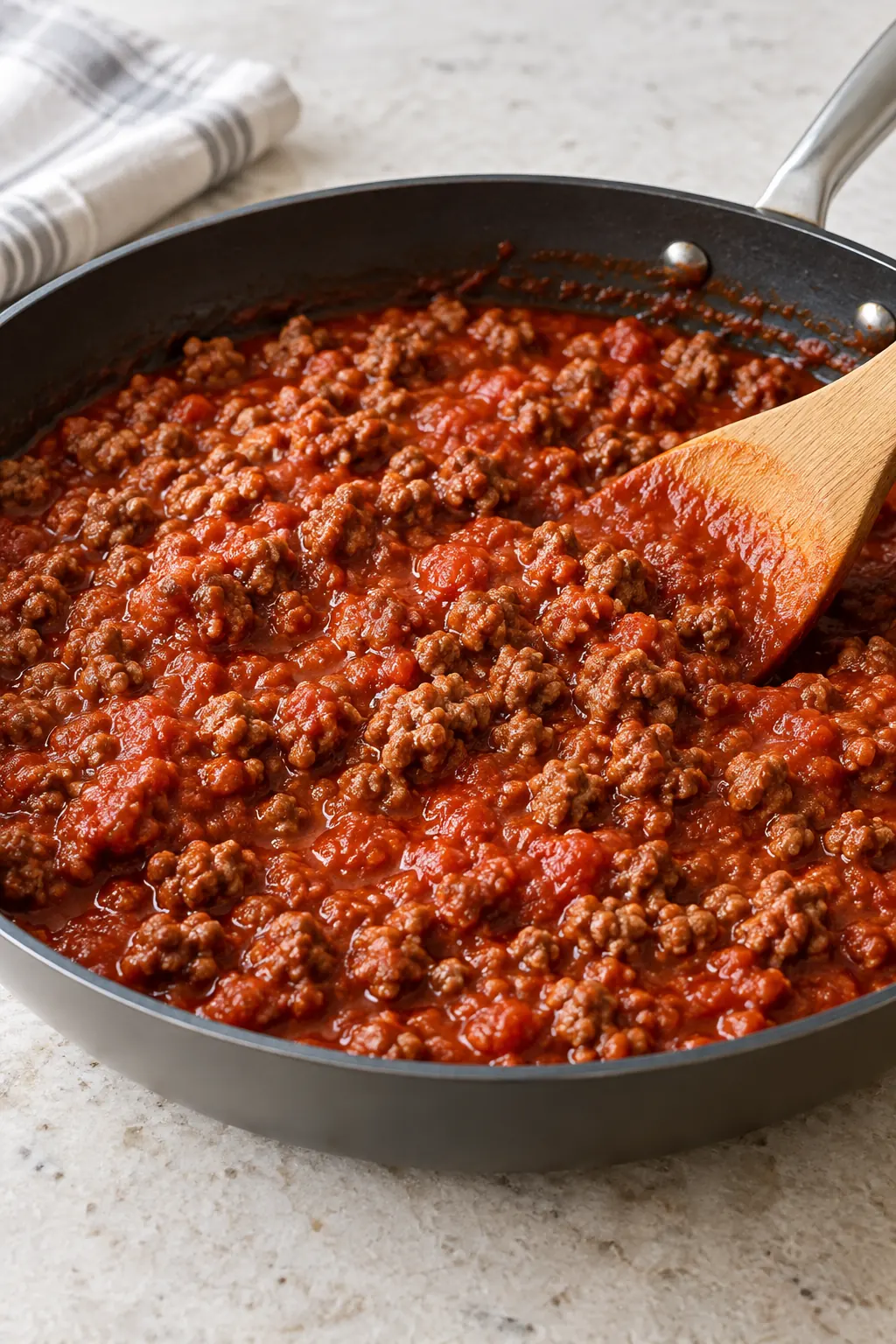 Browned ground beef stirred with red spaghetti sauce in a skillet