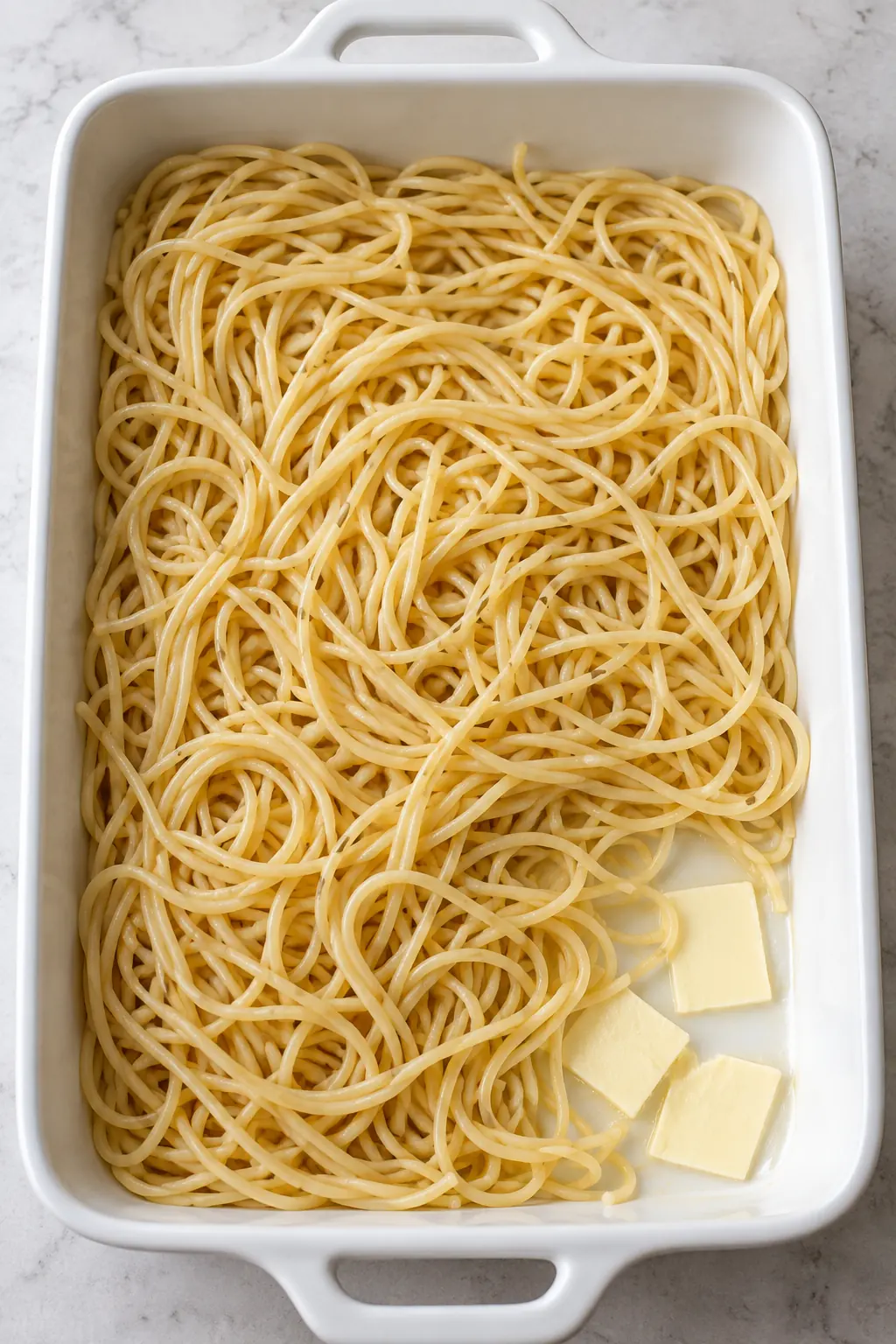 Butter slices beneath the first layer of cooked spaghetti in a rectangular baking dish