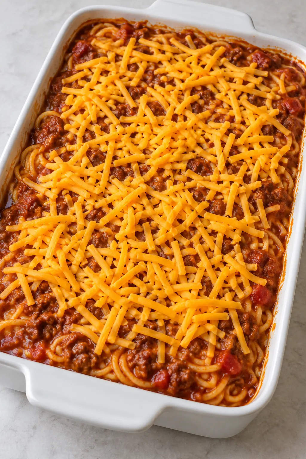 Shredded sharp cheddar scattered over hot beef spaghetti casserole before the final bake