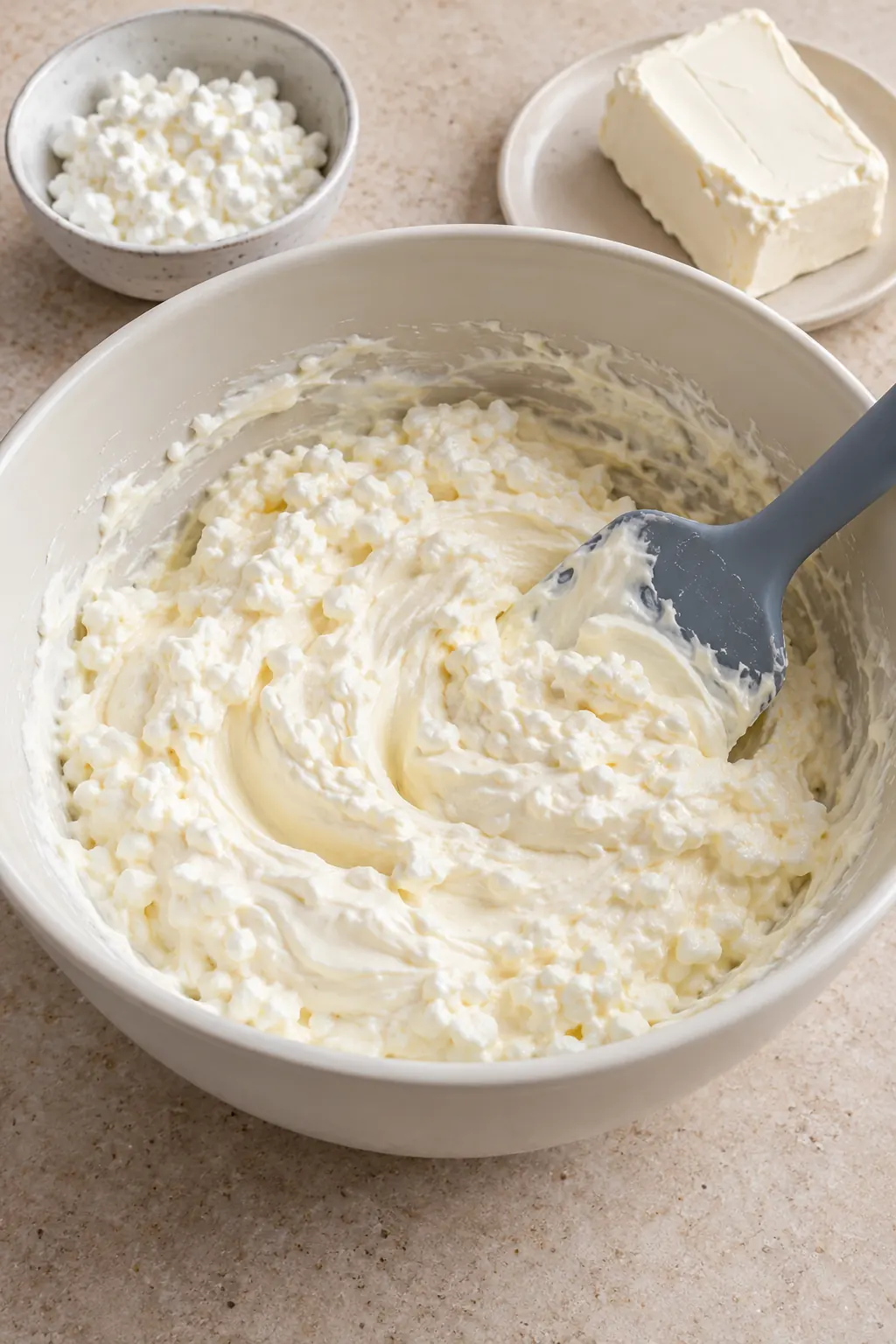 Softened cream cheese, cottage cheese, and sour cream mixed into a creamy casserole filling