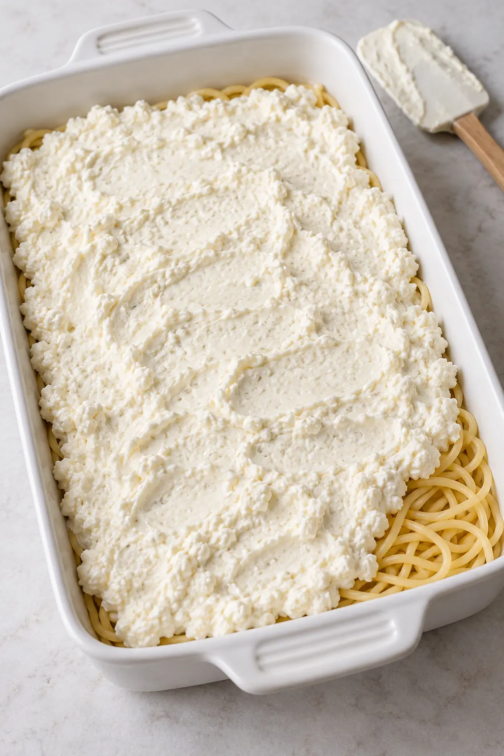 Cream cheese and cottage cheese mixture spread over the first spaghetti layer