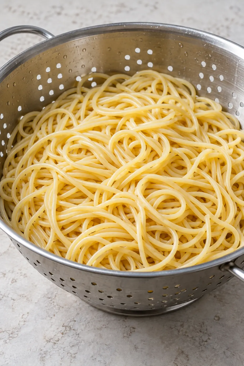 Al dente cooked spaghetti draining in a colander before casserole assembly
