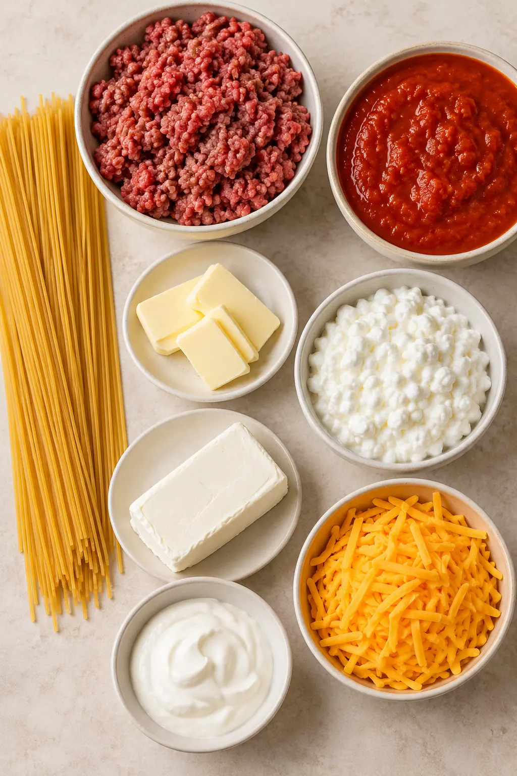 Dry spaghetti, ground beef, spaghetti sauce, butter, cottage cheese, cream cheese, sour cream, and sharp cheddar