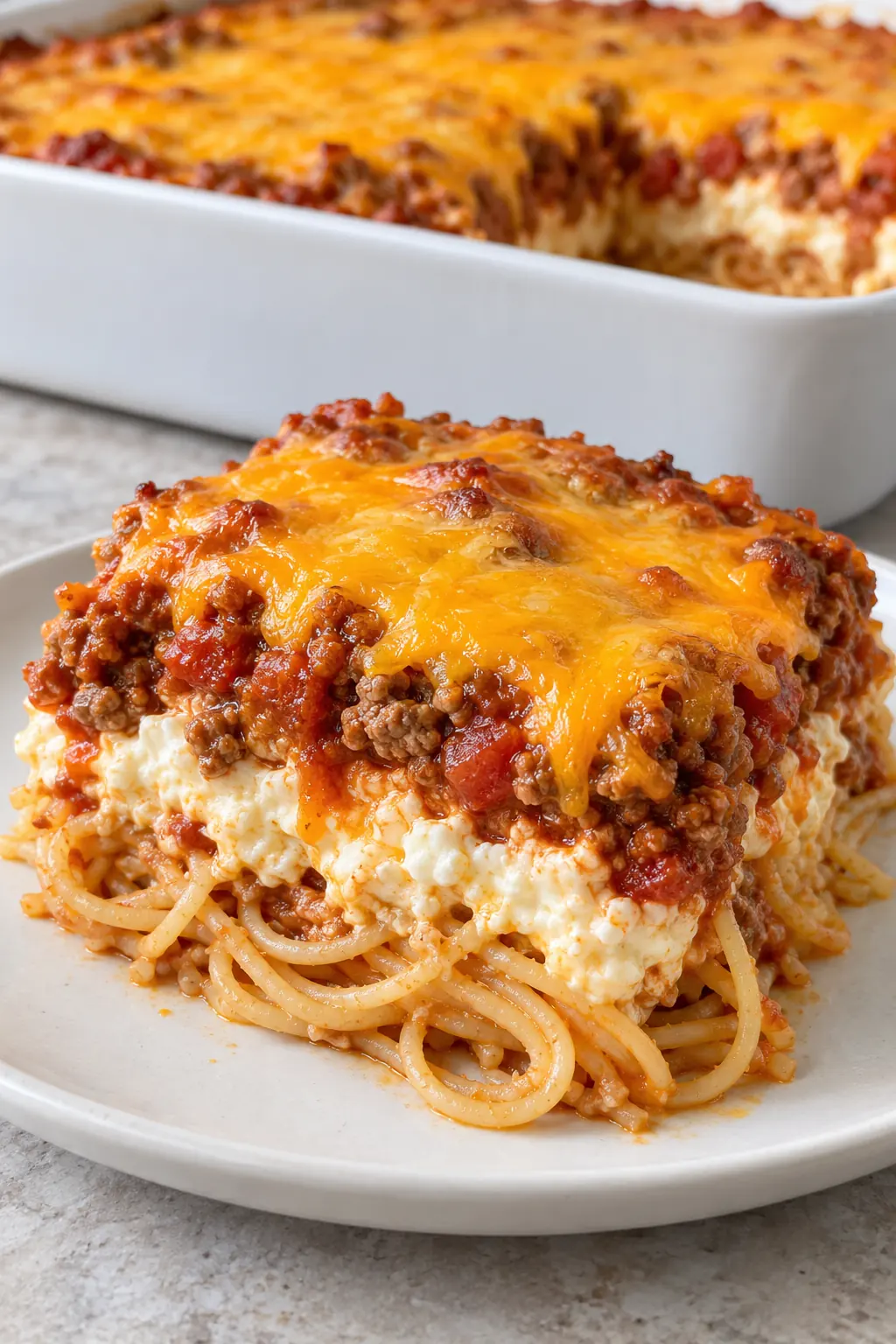 Plated serving showing spaghetti, creamy cheese center, beef tomato sauce, and melted cheddar layers