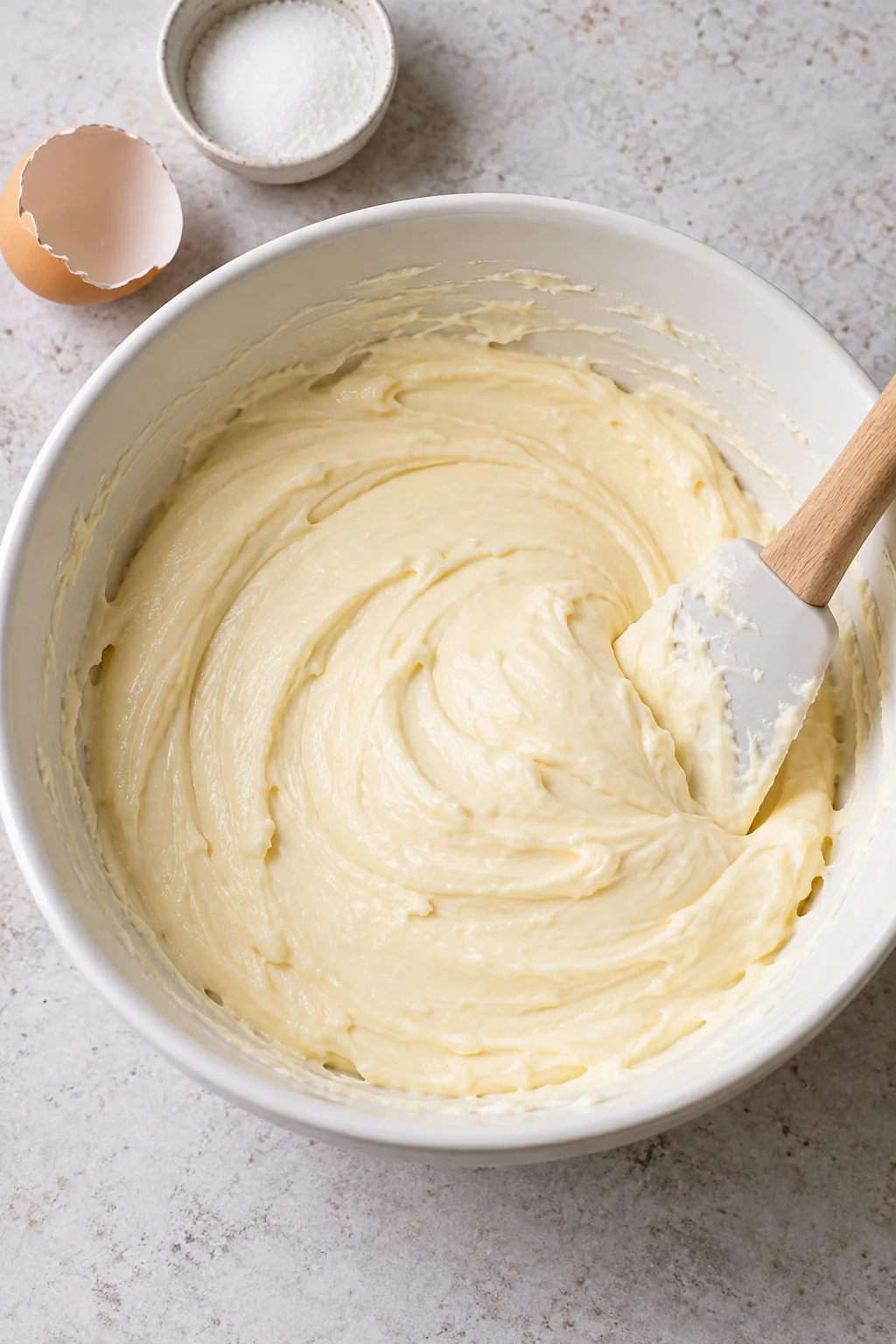 Thick cream cheese cheesecake filling in a mixing bowl with spatula