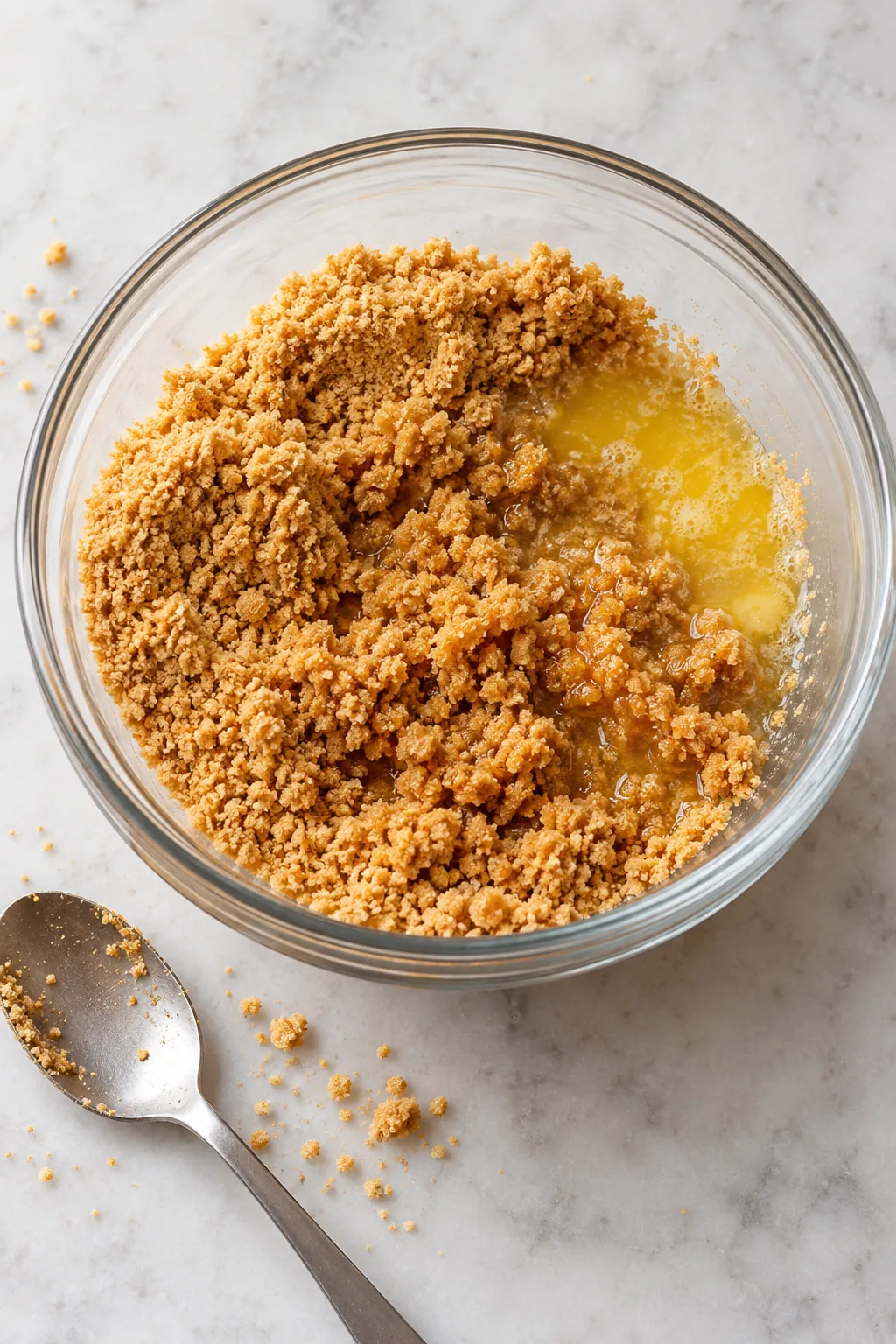 Graham cracker crumbs and melted butter in a mixing bowl