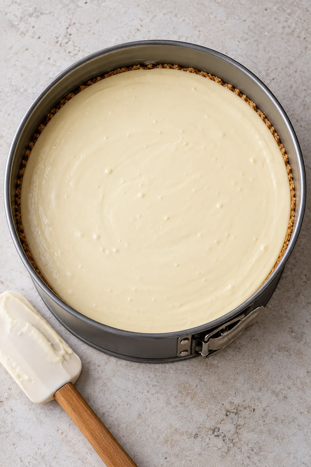 Unbaked cheesecake filling over graham crust in a springform pan
