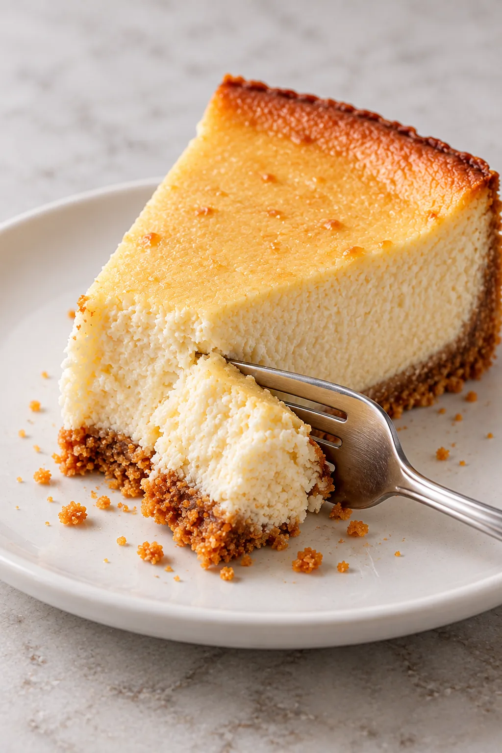 Fork taking a bite from a plain slice of New York cheesecake