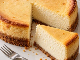 Baked New York cheesecake with one slice removed on a white plate