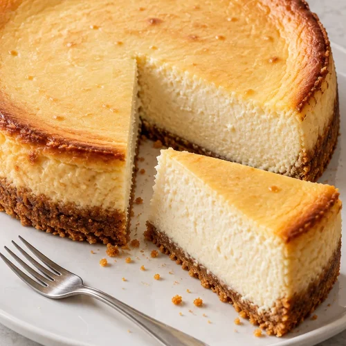 Baked New York cheesecake with one slice removed on a white plate