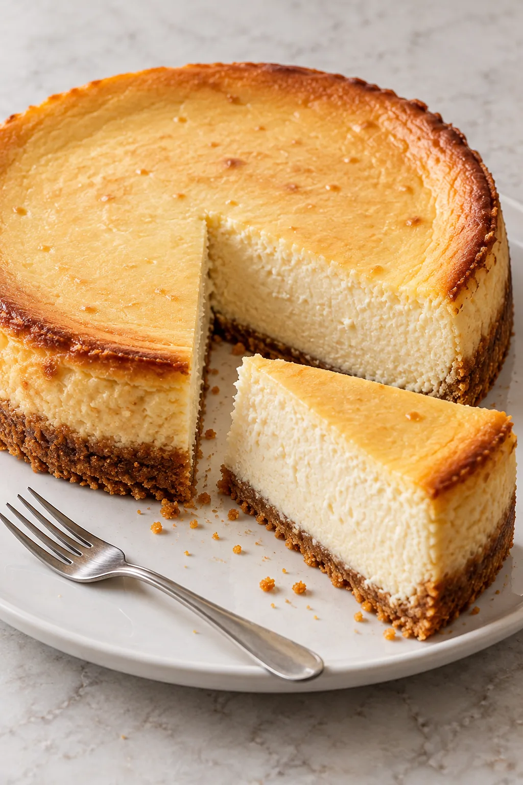 Baked New York cheesecake with one slice removed on a white plate