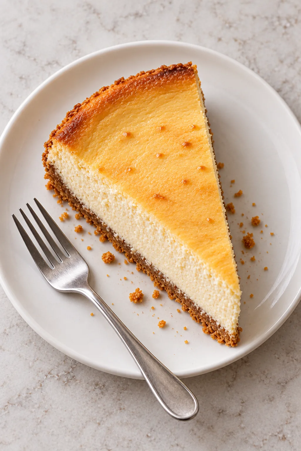 Plain New York cheesecake slice on a white plate viewed from above
