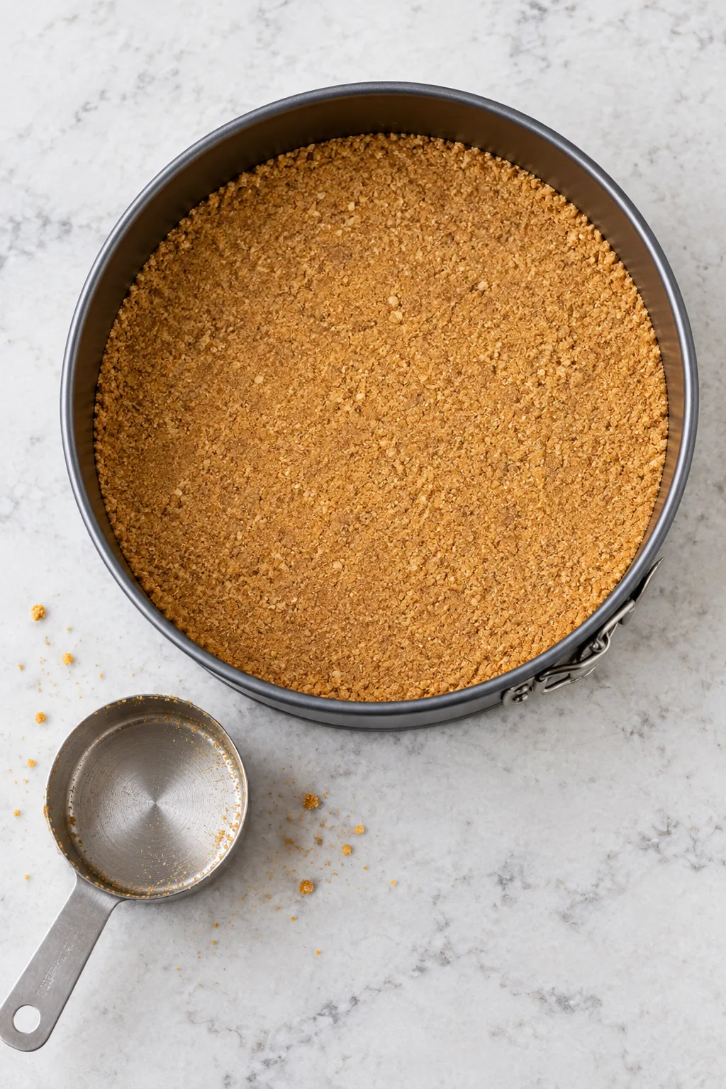 Graham cracker crust pressed into the base of a springform pan